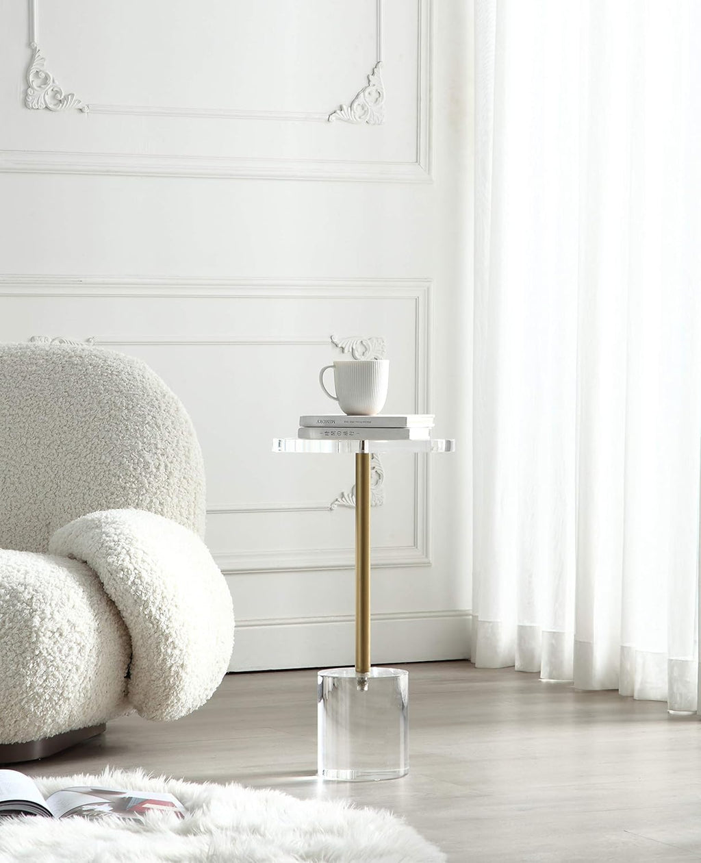 Clear Acrylic Round End Table with Brushed Brass Metal P411774