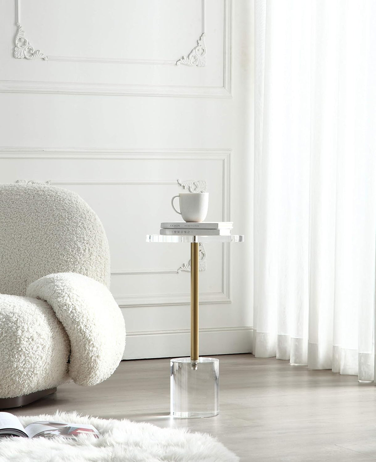 Clear Acrylic Round End Table with Brushed Brass Metal P411774