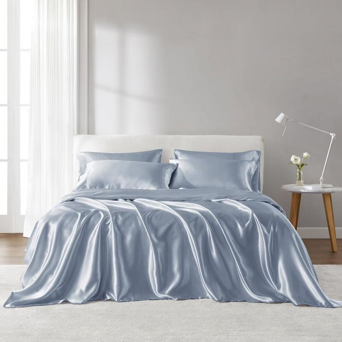 6 Piece Satin Sheet Set with Flat Sheet, Fitted Sheet, 4 Pillowcases Q696