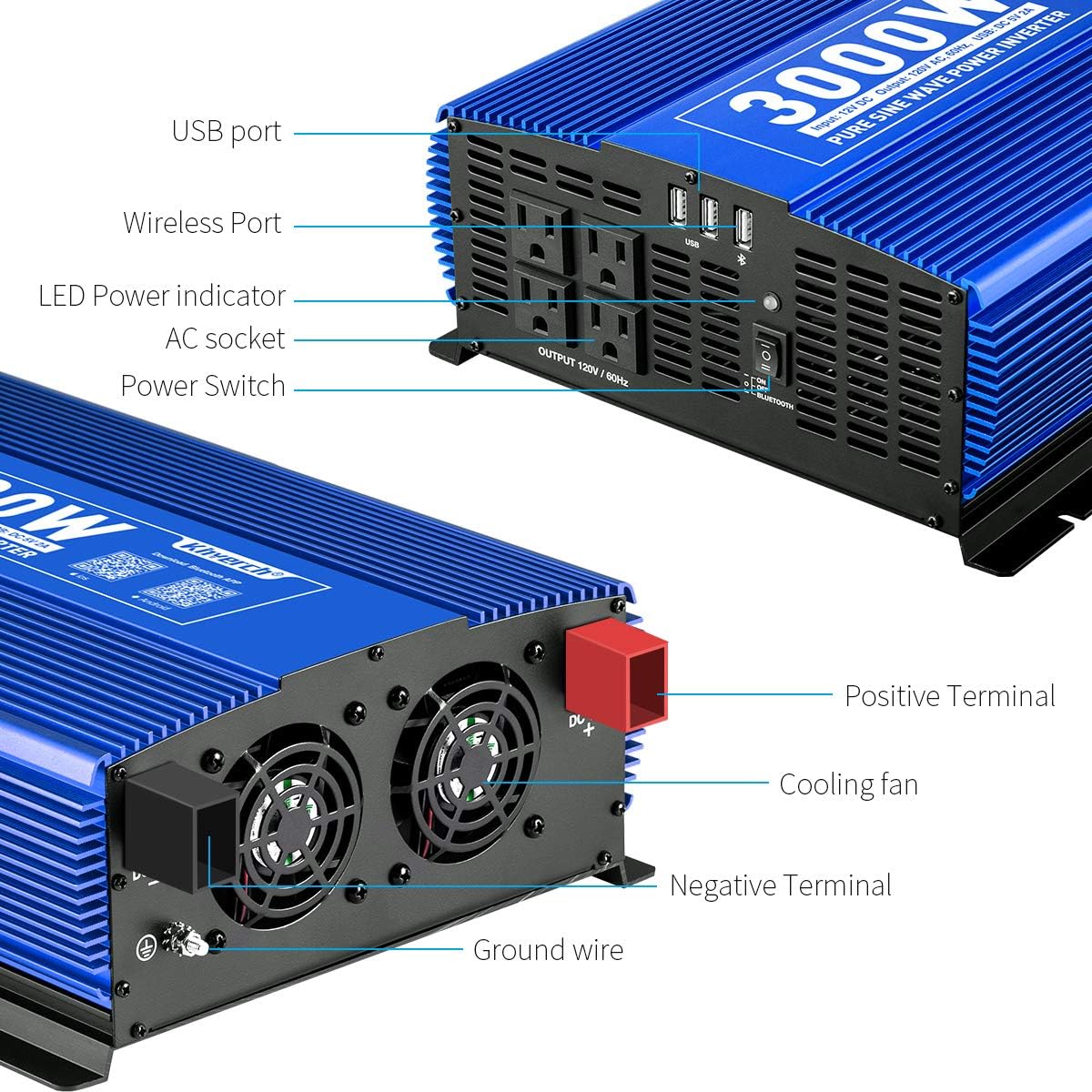 1000W Pure Sine Wave Inverter 12V to 110V with AC Outlets & USB Ports F9294