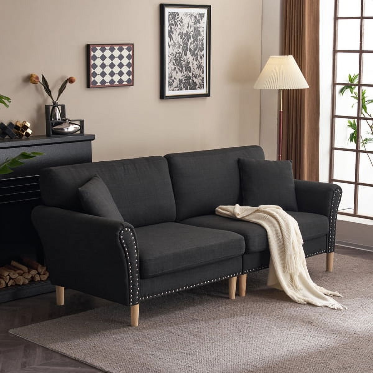 Black Upholstered 2-Seat Loveseat Sofa with 2 Pillows G1550