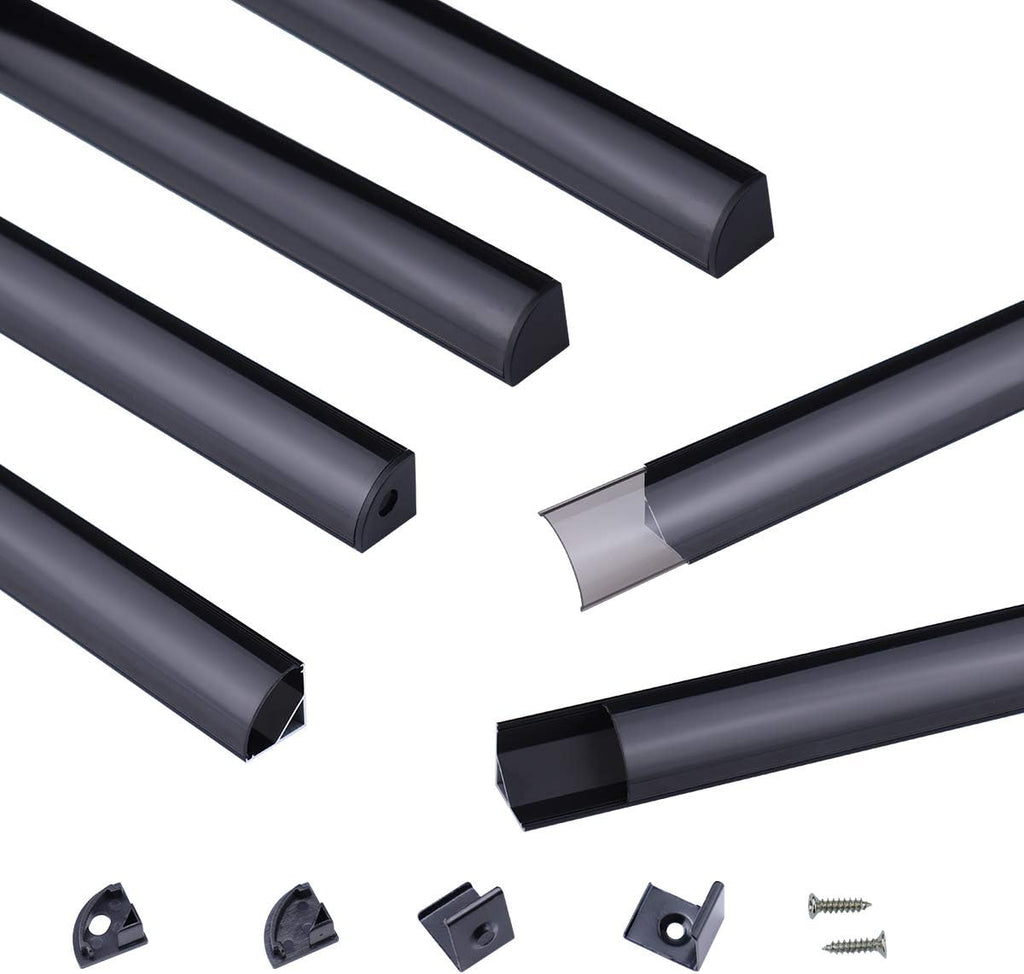Black LED Channel System with Crystal Smoky Clear Cover Lens, Aluminum Extrusion Profile Strip Tape Lights V-Shape R2360