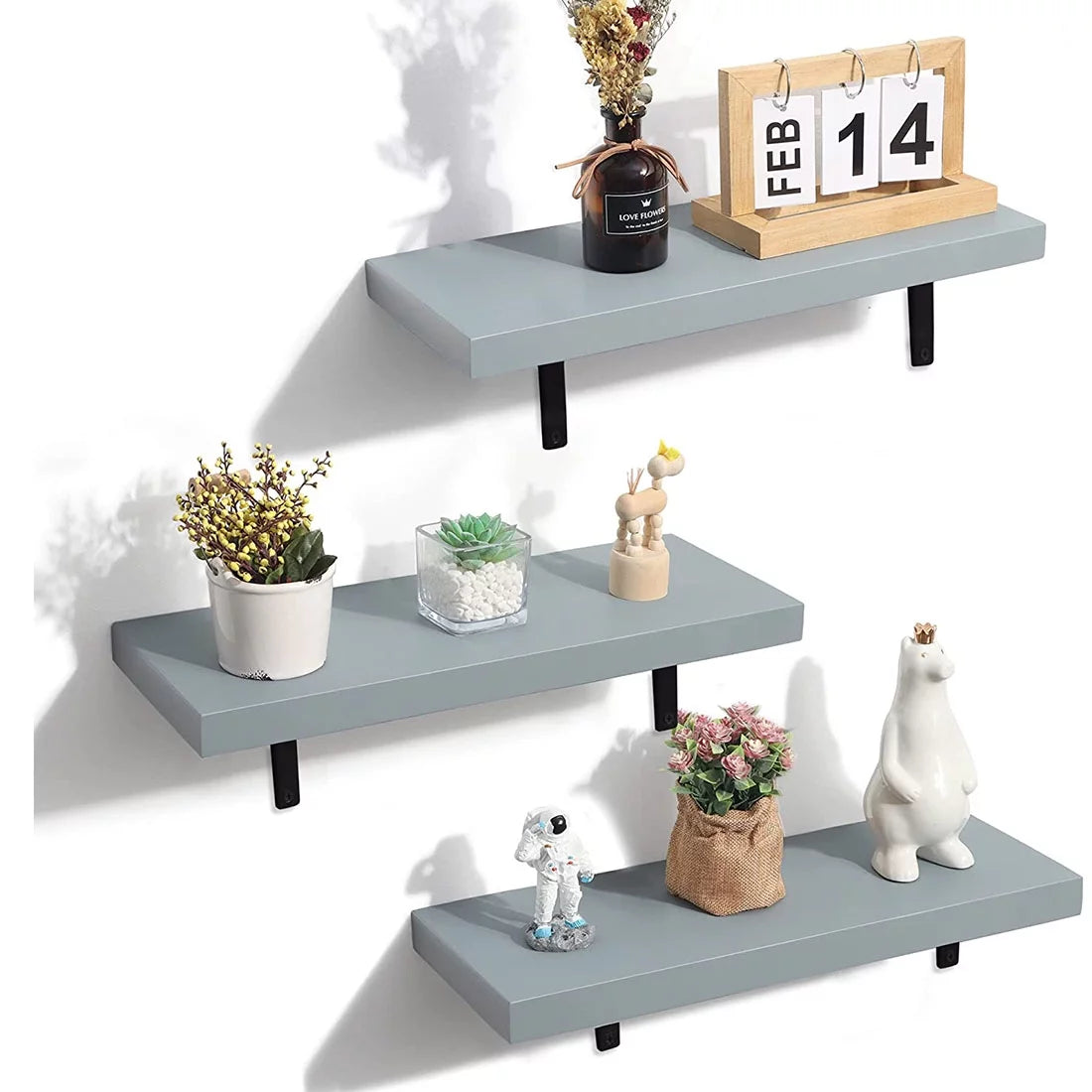 16 Inch Set of 3 Grey Wood Floating Shelves Y17374