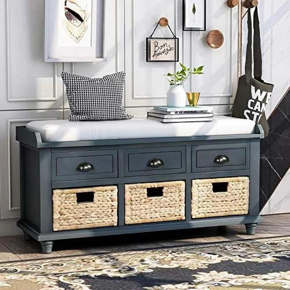 Rustic Bench with 3 Drawers and 3 Rattan Baskets Shoe Bench with Removable Cushion (White) L90439