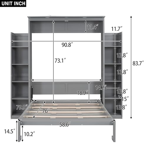 Grey Full Size Wood Murphy Bed with Storage Shelves and LED Lights X3433