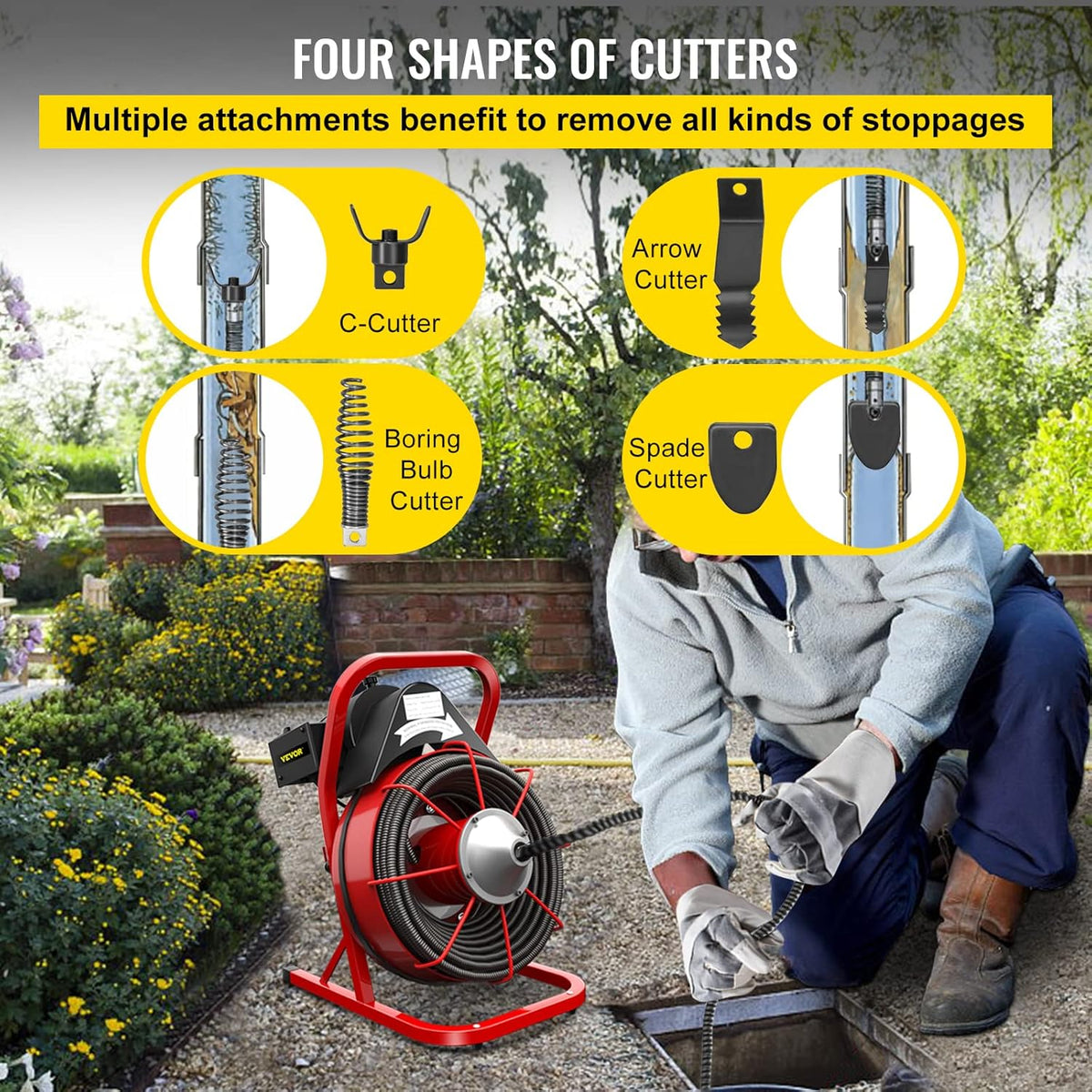 75Ft x 1/2Inch 370W Electric Drain Auger Cleaner with 8 Cutters B862113