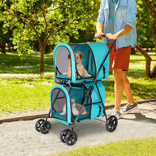 Grey Double Pet Stroller with 4 Wheels and 2 Detachable Carrier Cages S2464