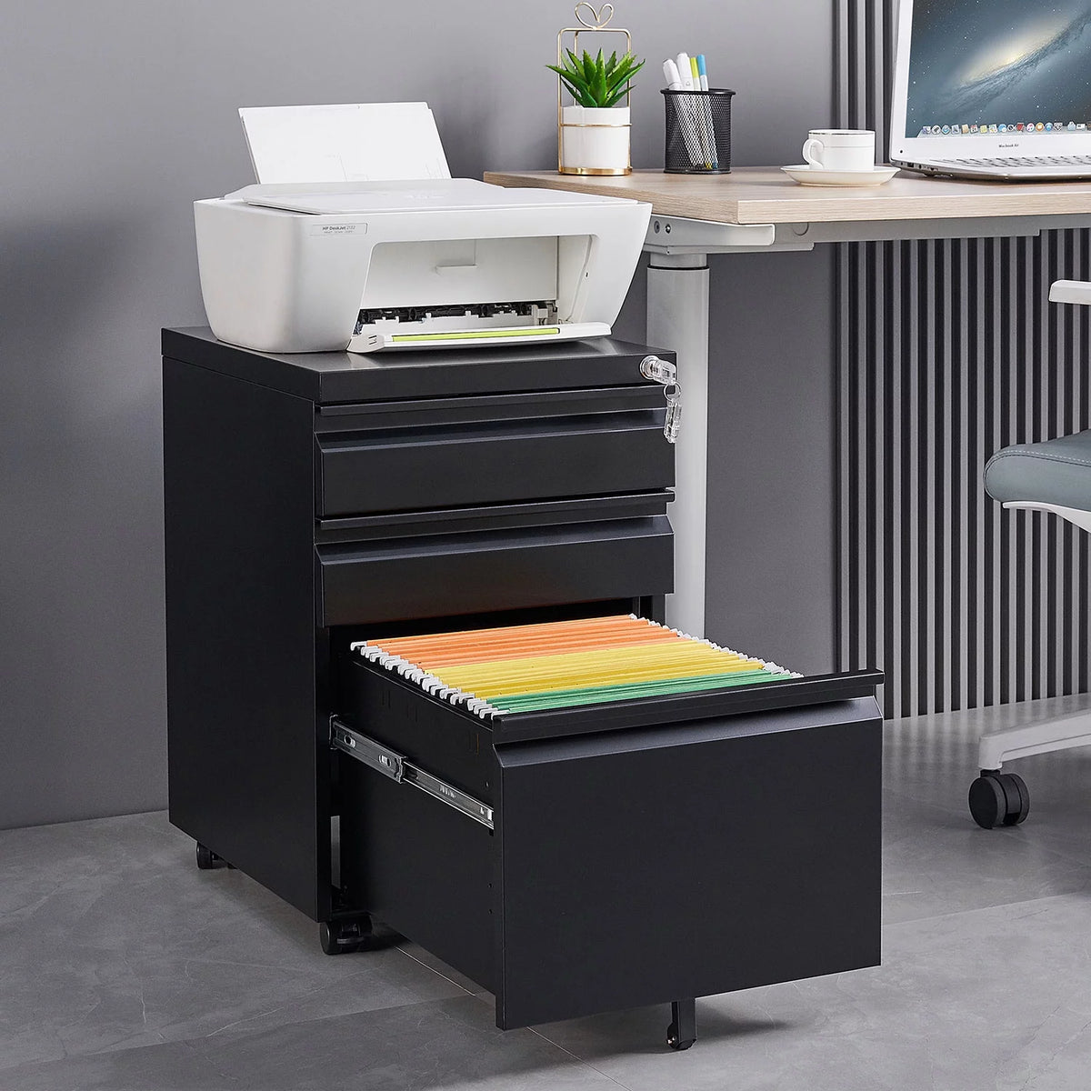 Black 3 Drawer Metal File Cabinet on Wheels Q35944