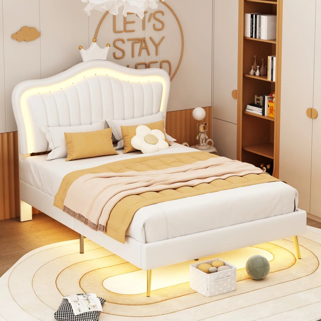 White Full Size Upholstered Platform Bed with LED Lights Y979953