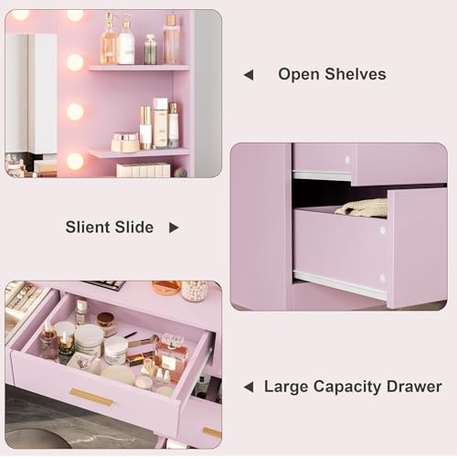 Black Vanity Desk with Mirror and Lights, 8 Storage Drawers W318
