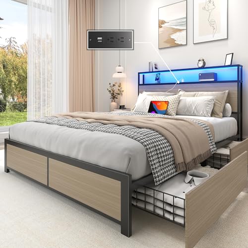 Queen Metal Platform Bed Frame with Storage Headboard and 4 Drawers G537461