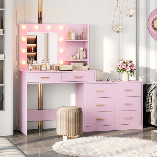 Black Vanity Desk with Mirror and Lights, 8 Storage Drawers W318