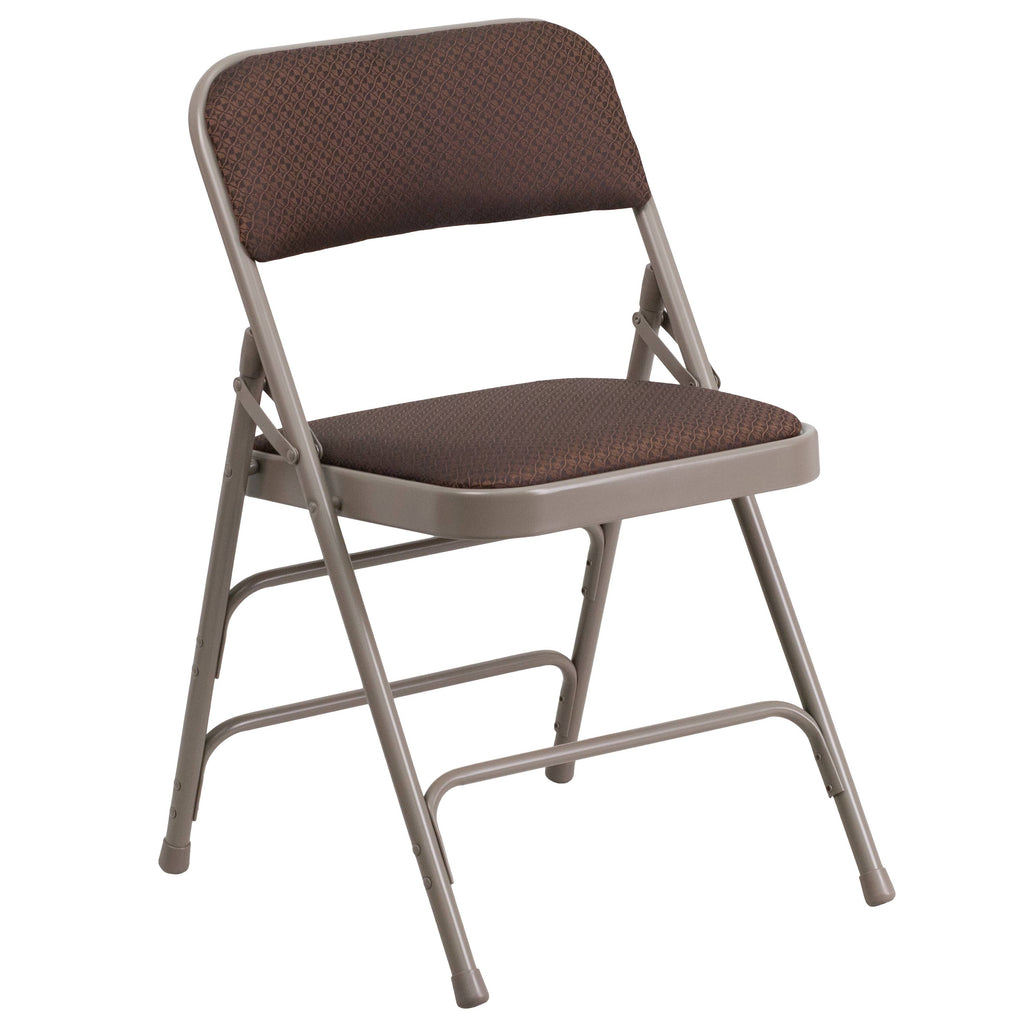 Curved Triple Braced Double Hinged Brown Patterned Fabric Metal Folding Chair O171