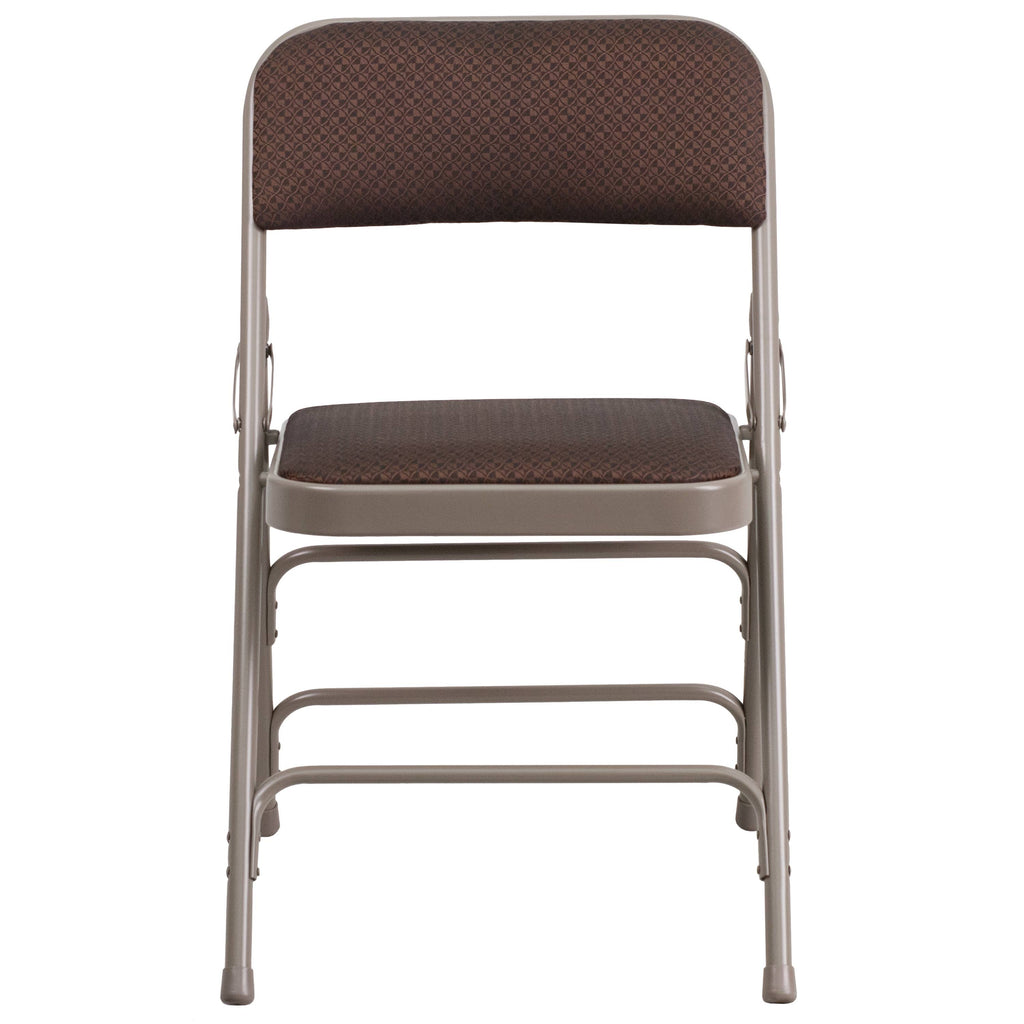 Curved Triple Braced Double Hinged Brown Patterned Fabric Metal Folding Chair O171