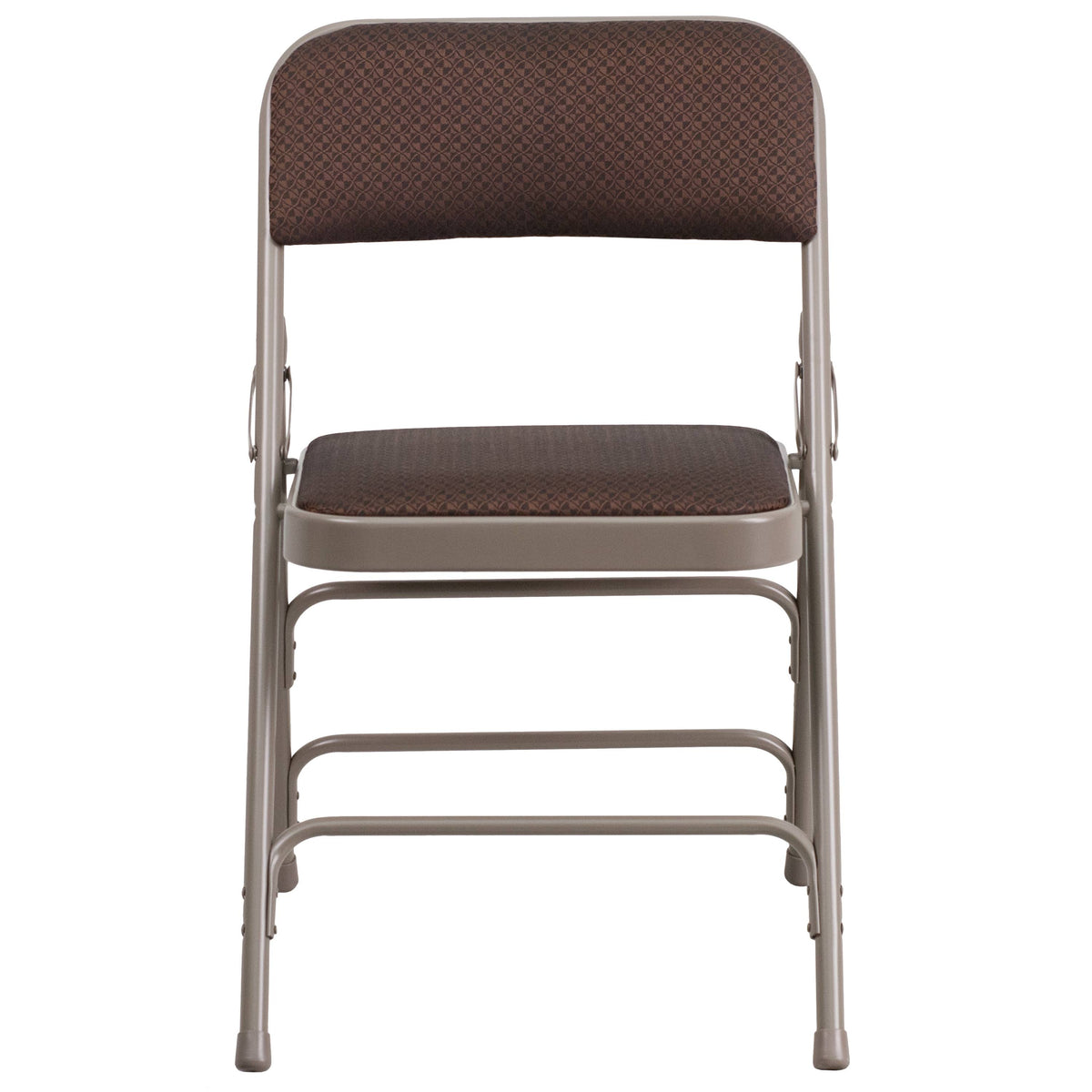 Curved Triple Braced Double Hinged Brown Patterned Fabric Metal Folding Chair O171