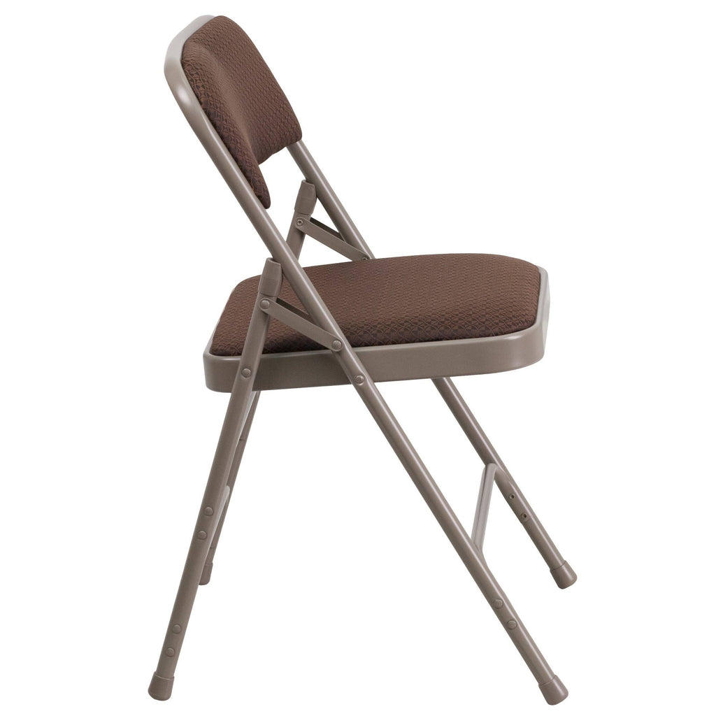 Curved Triple Braced Double Hinged Brown Patterned Fabric Metal Folding Chair O171