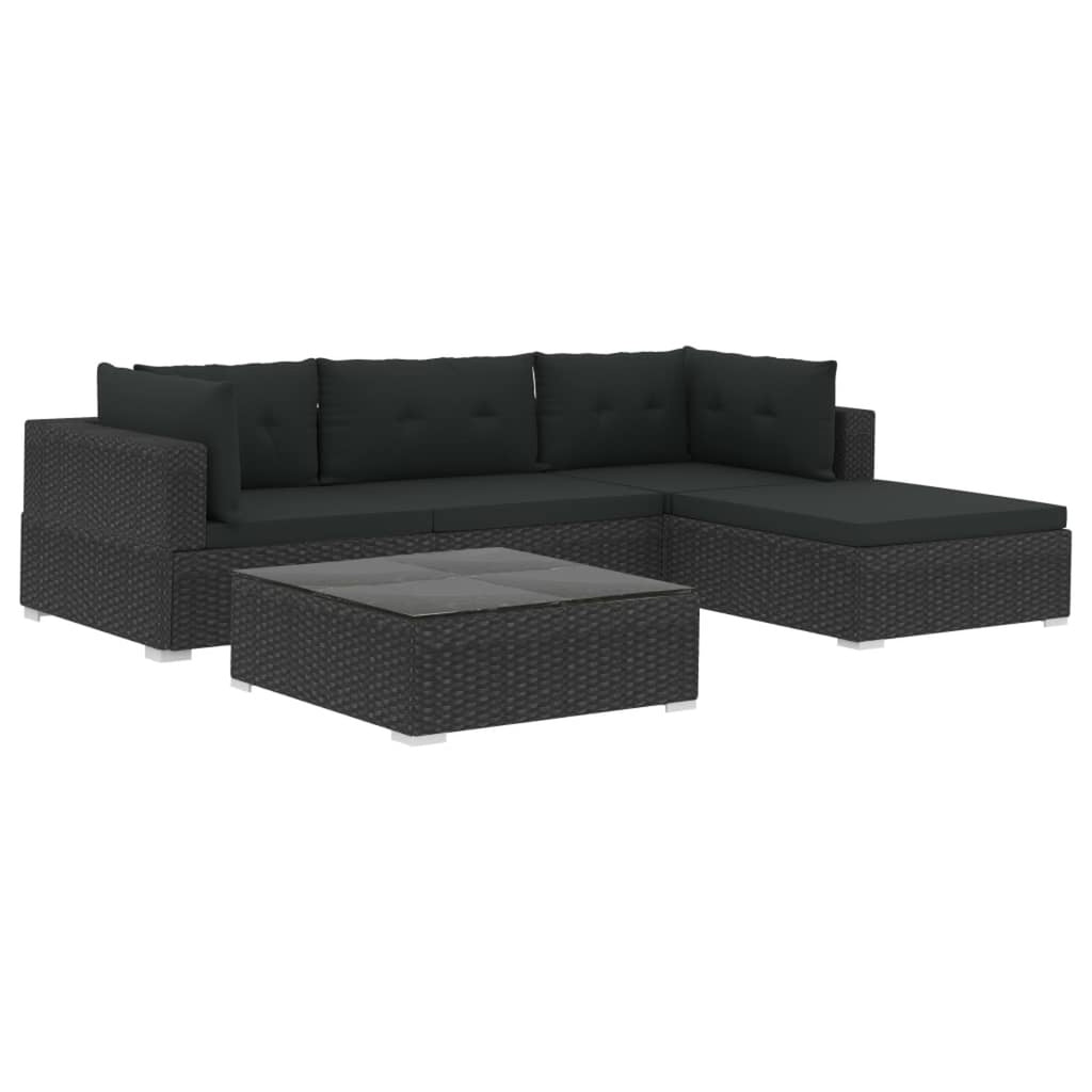 5 Piece Black Poly Rattan Outdoor Sectional Sofa Set with Tea Table and Ottoman D4332