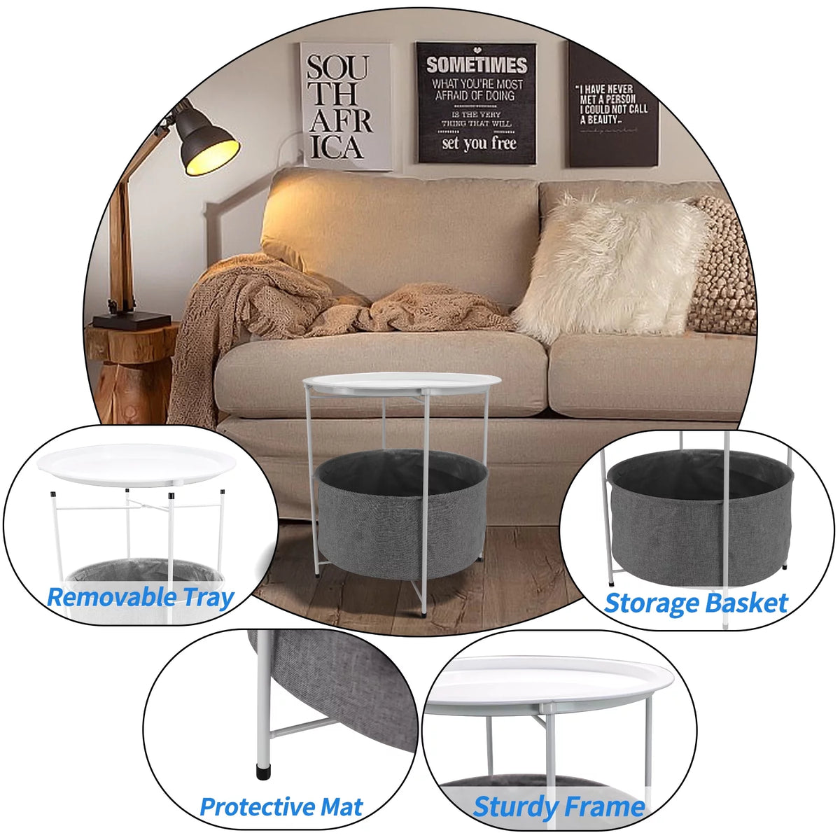 Round Metal End Table with Fabric Storage Basket M805616