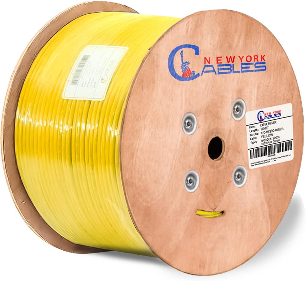 Cat6a Riser Bulk Ethernet Cable 1000ft CMR Rated Spool Solid Bare Copper 23AWG UTP Black O7869