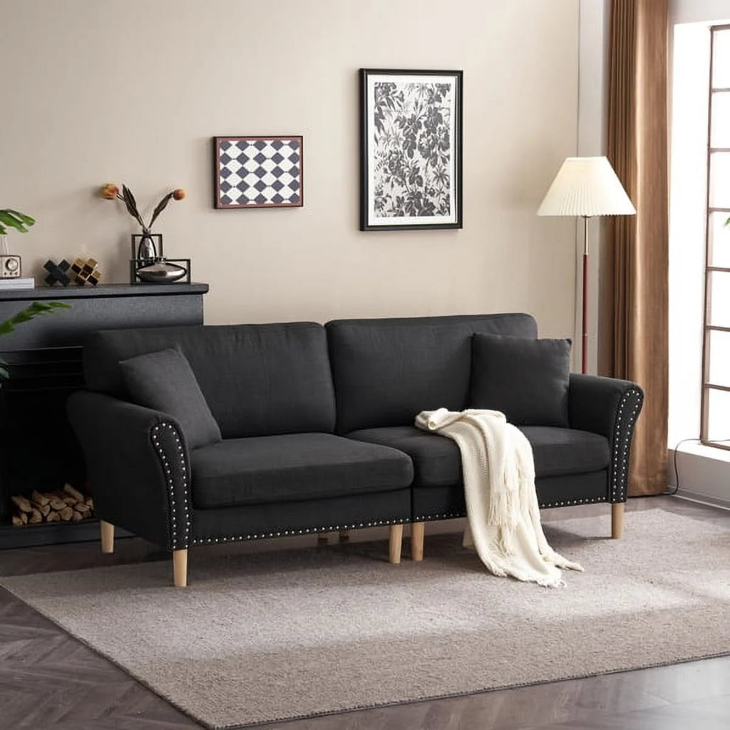 Black Upholstered 2-Seat Loveseat Sofa with 2 Pillows G1550