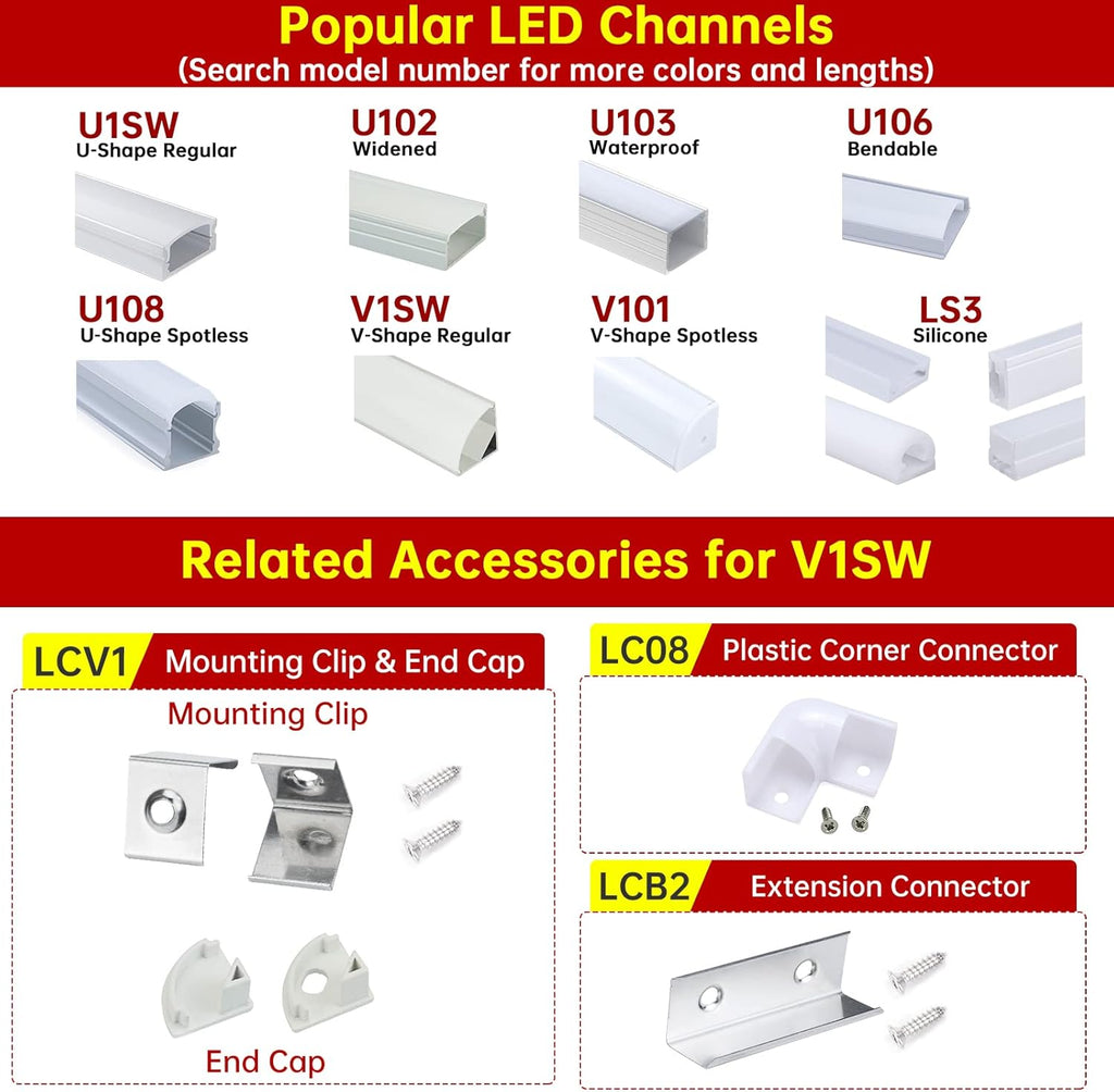 Black LED Channel System with Crystal Smoky Clear Cover Lens, Aluminum Extrusion Profile Strip Tape Lights V-Shape R2360