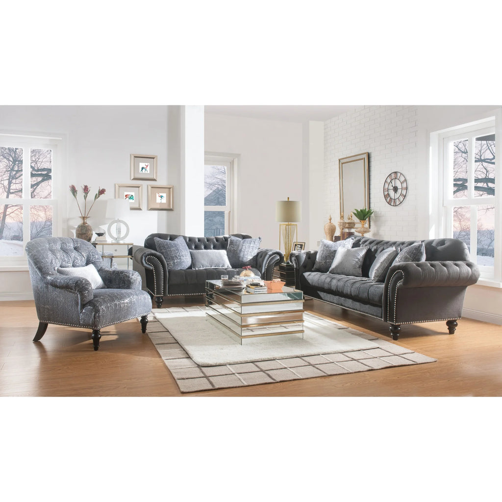 Dark Gray Button Tufted Fabric Sofa with Four Pillows C50058