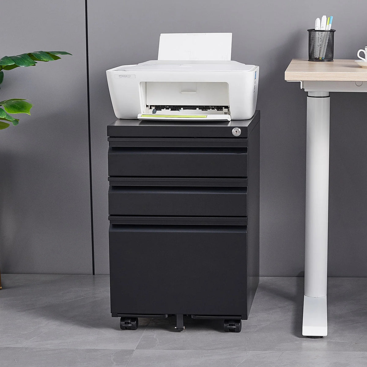 Black 3 Drawer Metal File Cabinet on Wheels Q35944