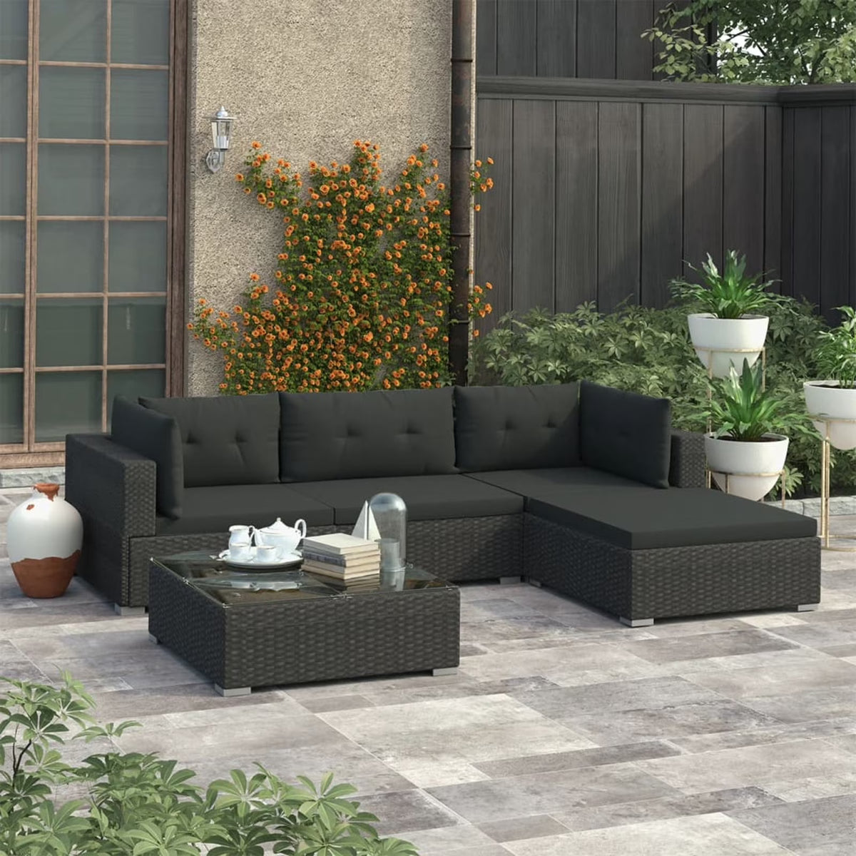 5 Piece Black Poly Rattan Outdoor Sectional Sofa Set with Tea Table and Ottoman D4332