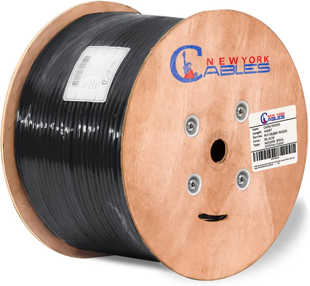 Cat6a Riser Bulk Ethernet Cable 1000ft CMR Rated Spool Solid Bare Copper 23AWG UTP Black O7869