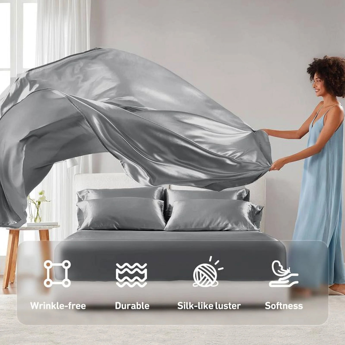 6 Piece Satin Sheet Set with Flat Sheet, Fitted Sheet, 4 Pillowcases Q696