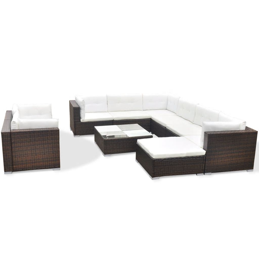10 Piece Brown Poly Rattan Sectional Cushioned Sofa Set with Coffee Table and Ottoman P5722