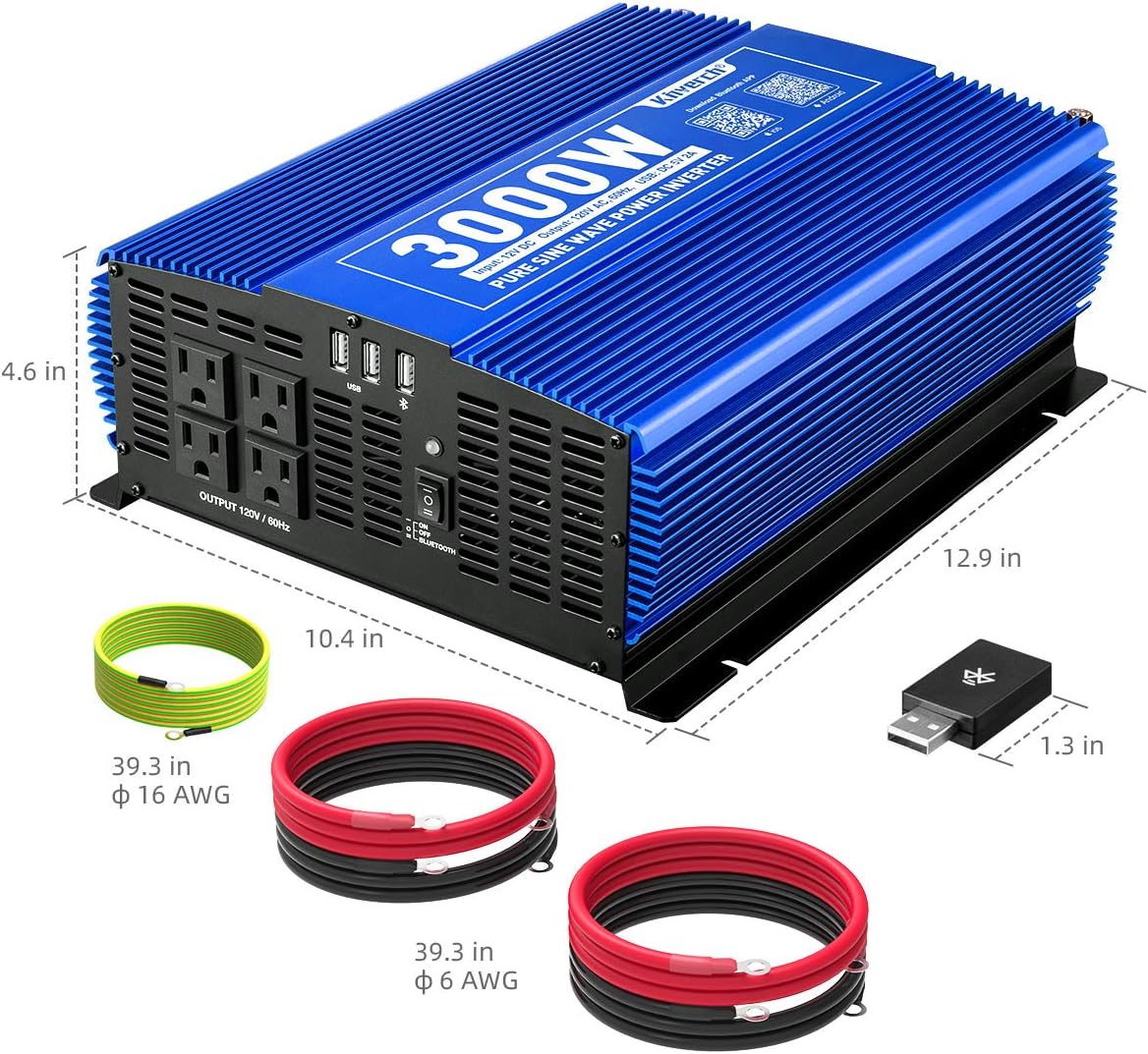 1000W Pure Sine Wave Inverter 12V to 110V with AC Outlets & USB Ports F9294