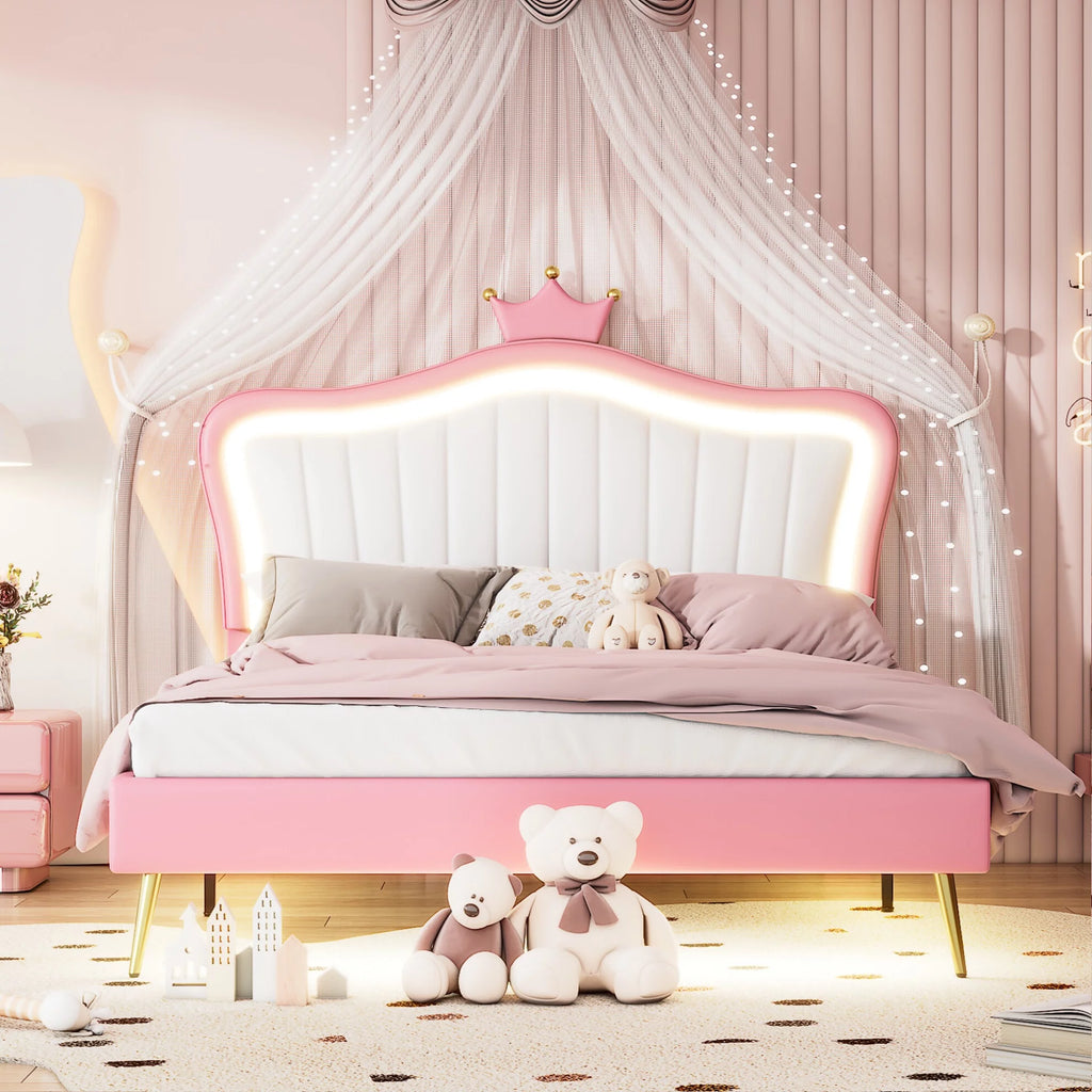 White Full Size Upholstered Platform Bed with LED Lights Y979953