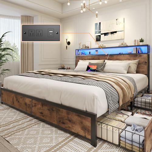 Queen Metal Platform Bed Frame with Storage Headboard and 4 Drawers G537461