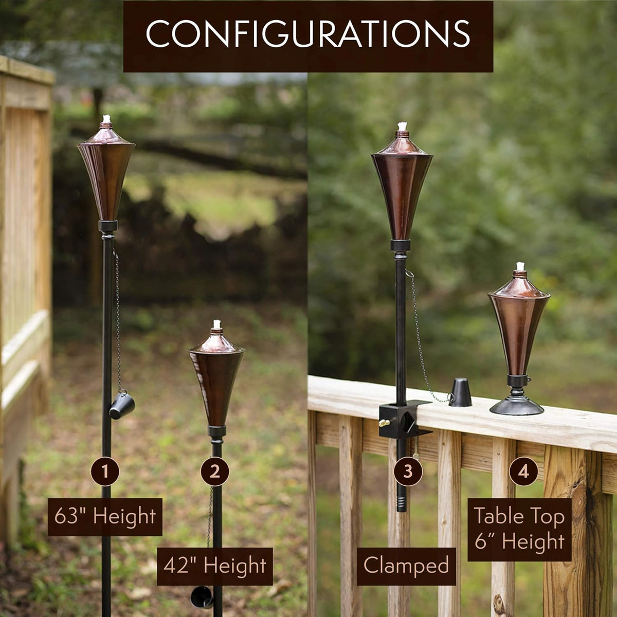 4-in-1 Outdoor Garden Torches with Table Top Stands and Deck Mounts (4-Pack, Caramel) J602