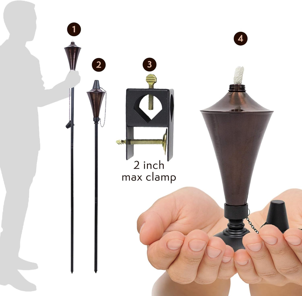 4-in-1 Outdoor Garden Torches with Table Top Stands and Deck Mounts (4-Pack, Caramel) J602