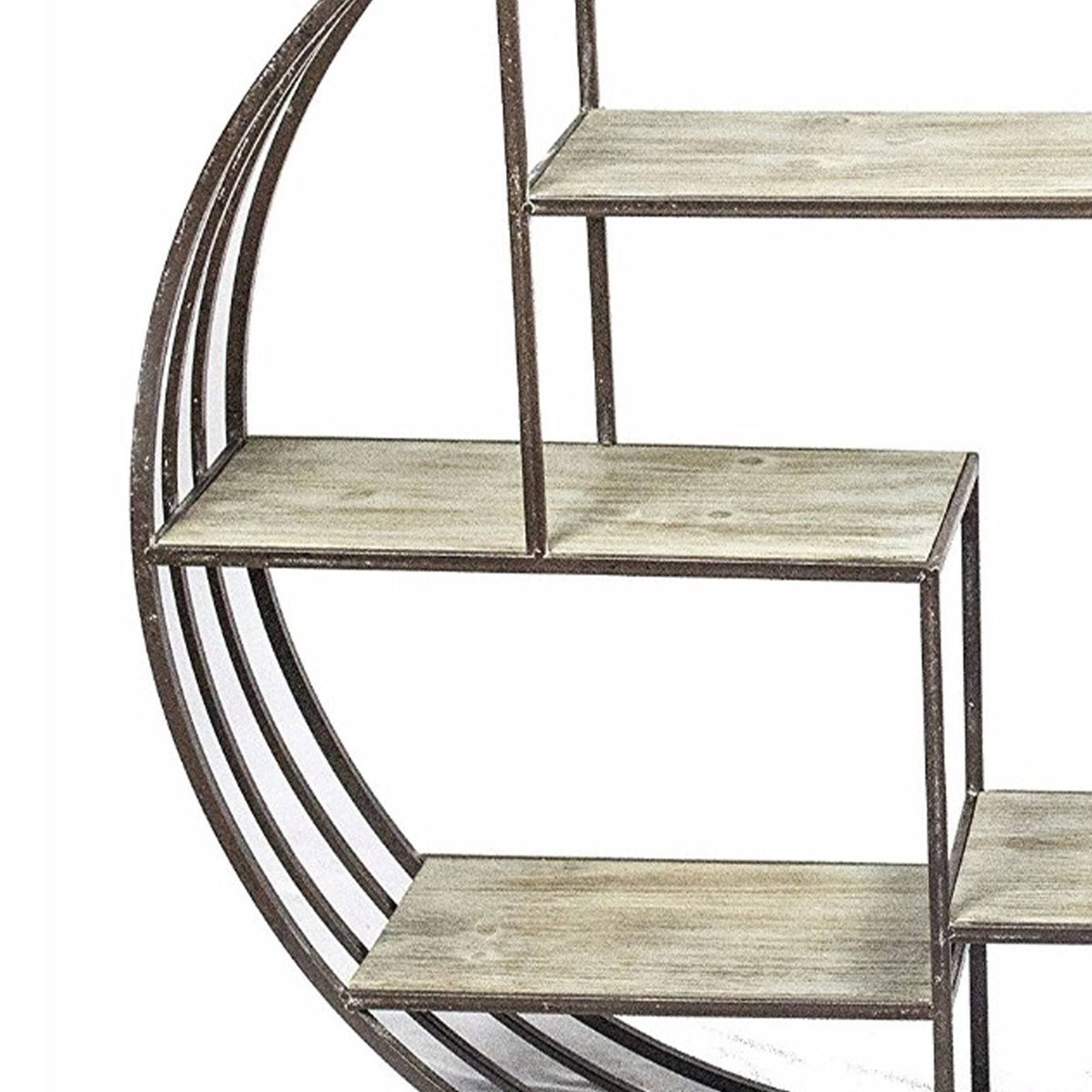 Brown Round Metal Wall Shelf with Wooden Shelves S5327
