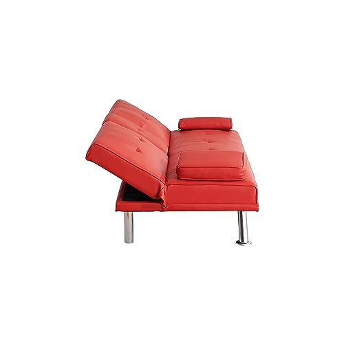 Faux Leather Convertible Folding Futon Sofa Bed Loveseat with Removable Armrests C594