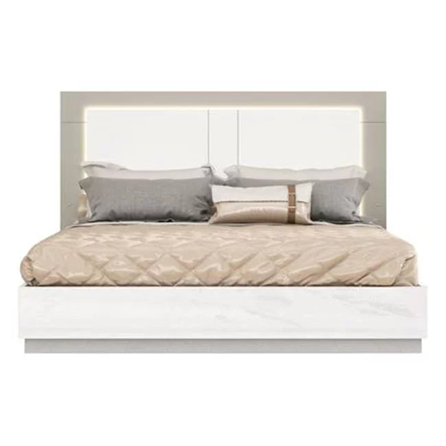 King Size White & Taupe High Gloss Bed Frame with LED Headboard Y209172