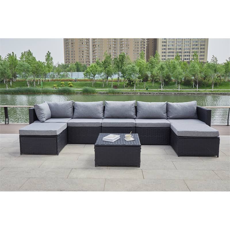 Grey Wicker/Rattan Sectional with Storage Ottoman H1818
