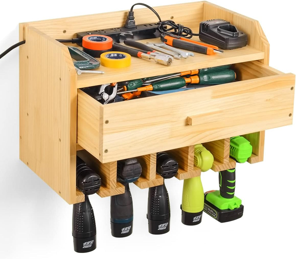 Wooden Cordless Drill Holder Rack Wall Mount with Drawer Pack of 2 C837