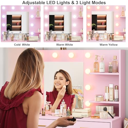 Black Vanity Desk with Mirror and Lights, 8 Storage Drawers W318