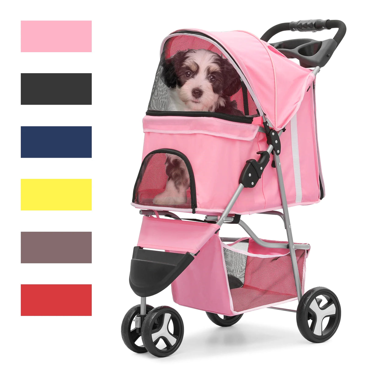 Foldable Pet Stroller with Wheels, Storage Basket and Cup Holder, Navy Blue I927