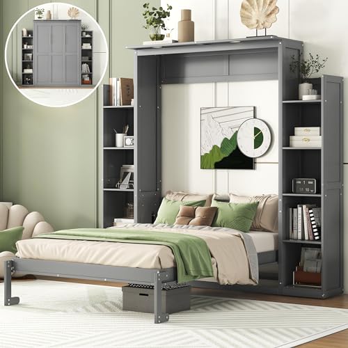 Grey Full Size Wood Murphy Bed with Storage Shelves and LED Lights X3433