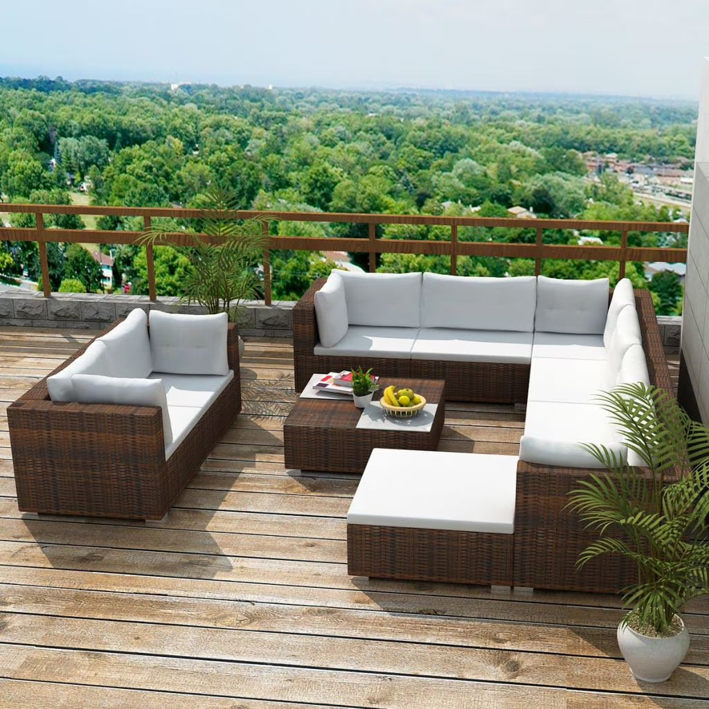 10 Piece Brown Poly Rattan Sectional Cushioned Sofa Set with Coffee Table and Ottoman P5722