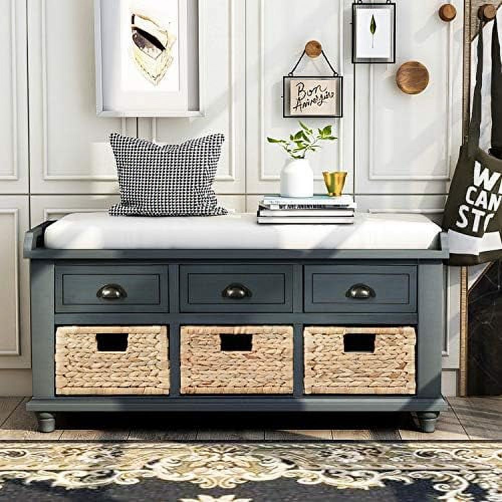 Rustic Bench with 3 Drawers and 3 Rattan Baskets Shoe Bench with Removable Cushion (White) L90439