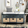 Rustic Bench with 3 Drawers and 3 Rattan Baskets Shoe Bench with Removable Cushion (White) L90439
