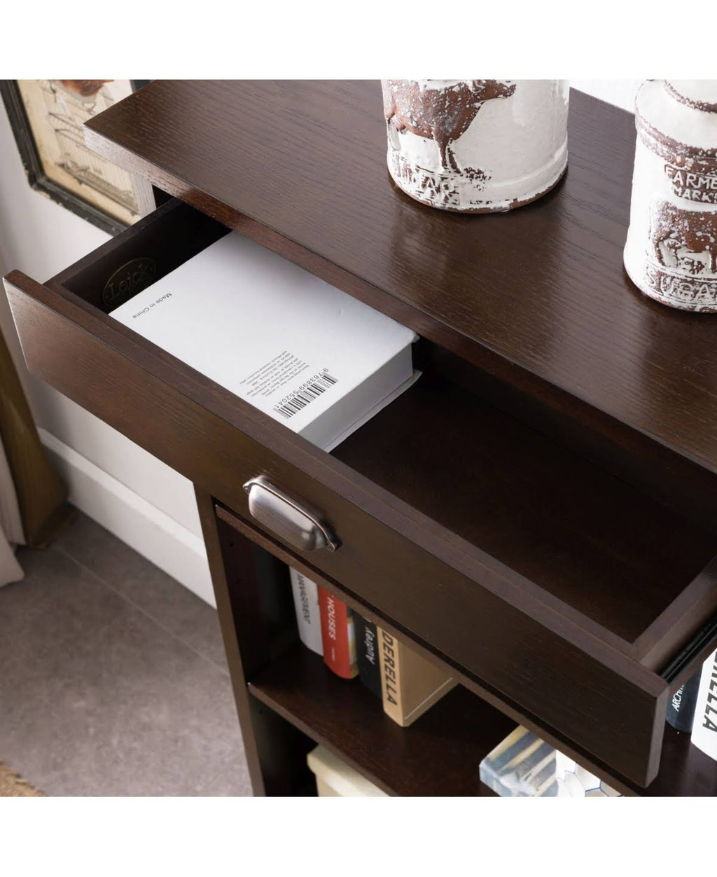 3 Shelf Bookcase with Drawer Storage, Chocolate Oak R809827