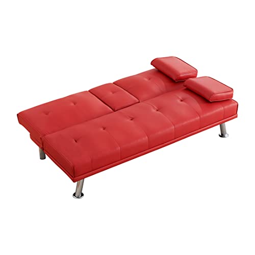 Faux Leather Convertible Folding Futon Sofa Bed Loveseat with Removable Armrests C594