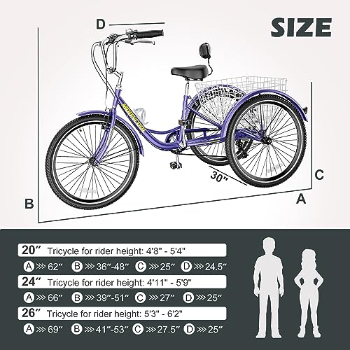 20/24/26IN Trike Bike with Parking Brake Handle, 7 Speed Rear Derailleur, Double-Wall Wheel Rims O276